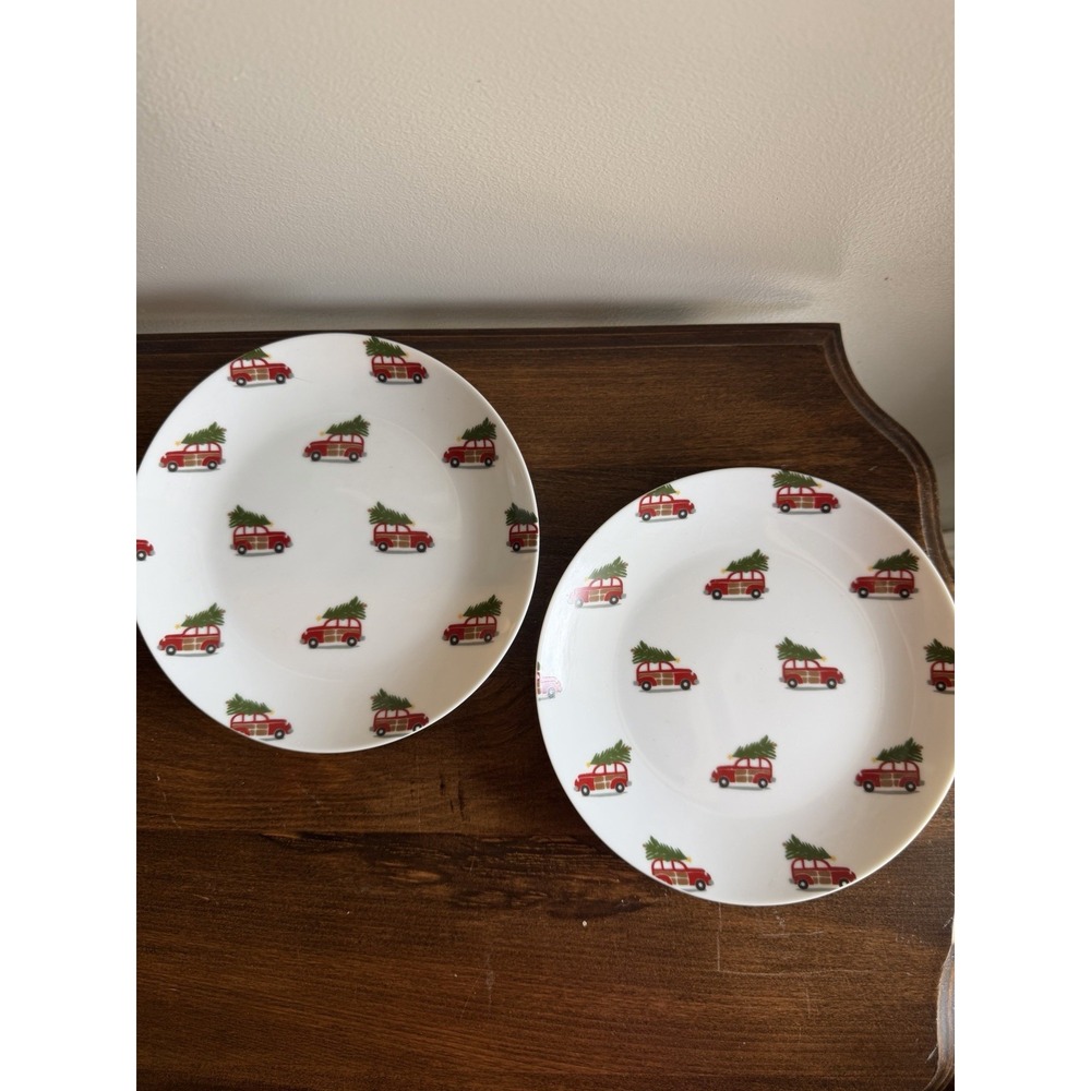 Pottery Barn Christmas Wood Car Appetizer/Dessert/Salad Plates Set Of 2